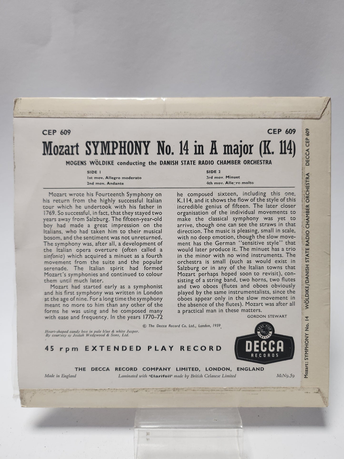 Mozart Symphony No 14: Mogens Wöldike Single Vinyl - Single Vinyl