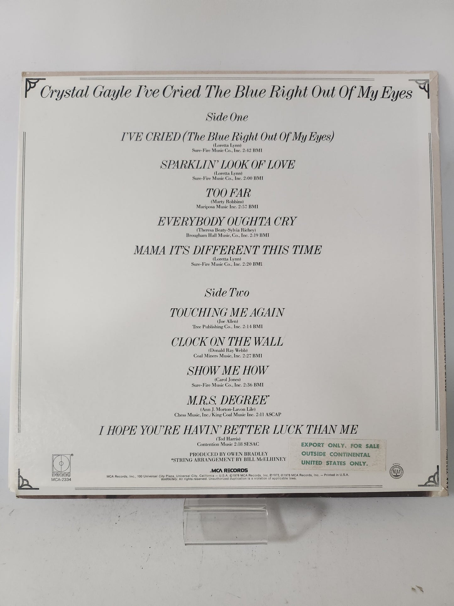 I've Cried the Blue right out of My Eyes: Crystal Gayle LP Vinyl