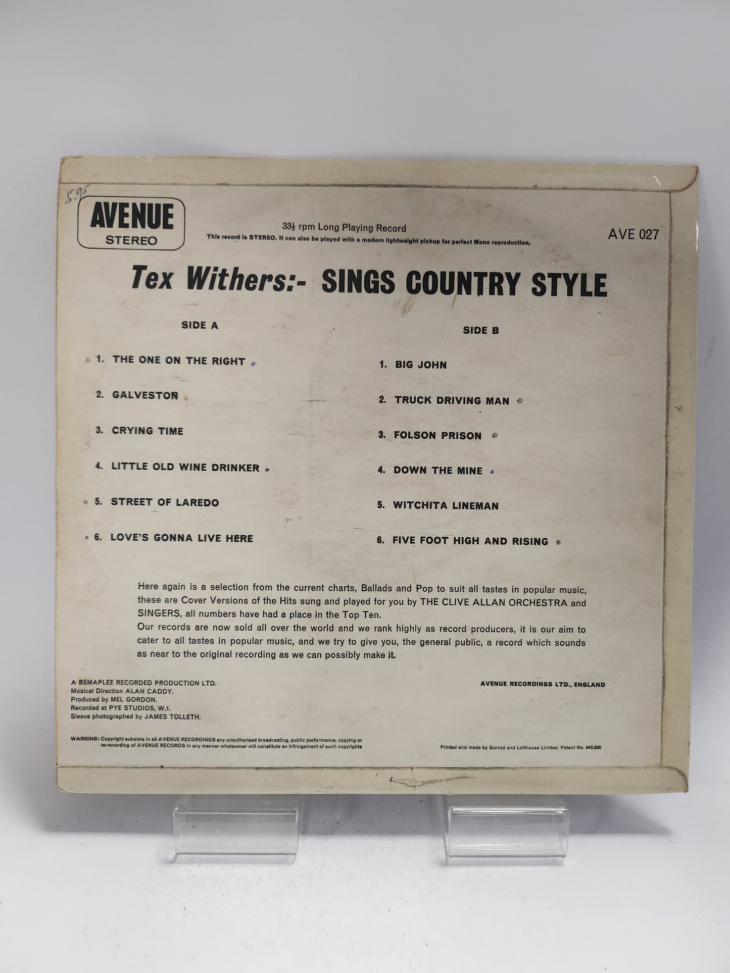 Tex Withers: Sings Country Style LP Vinyl