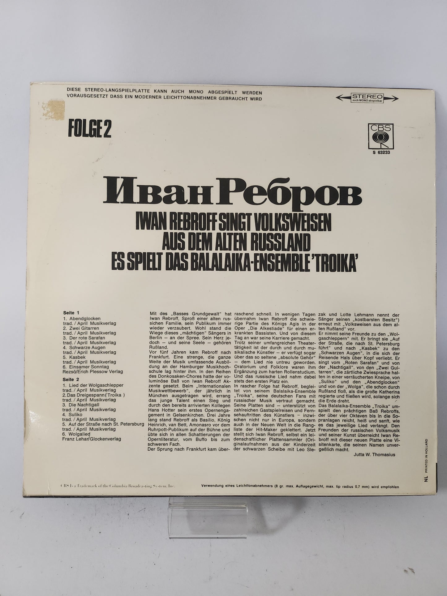Iwan Rebroff singt Volksweisen aus dem Alten Russland II LP Vinyl