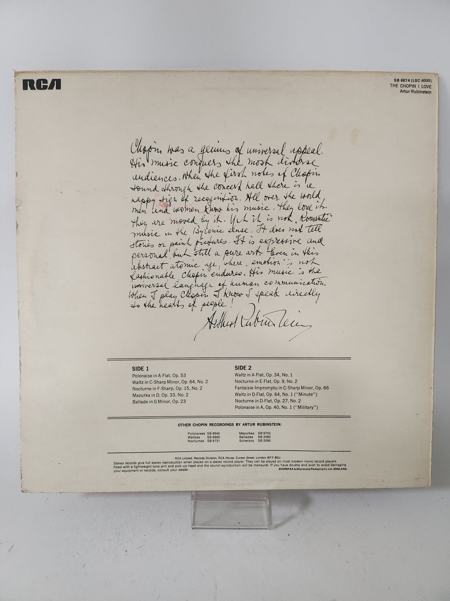 Artur Rubunstein: the Chopin I Love LP Vinyl - Lp Vinyl