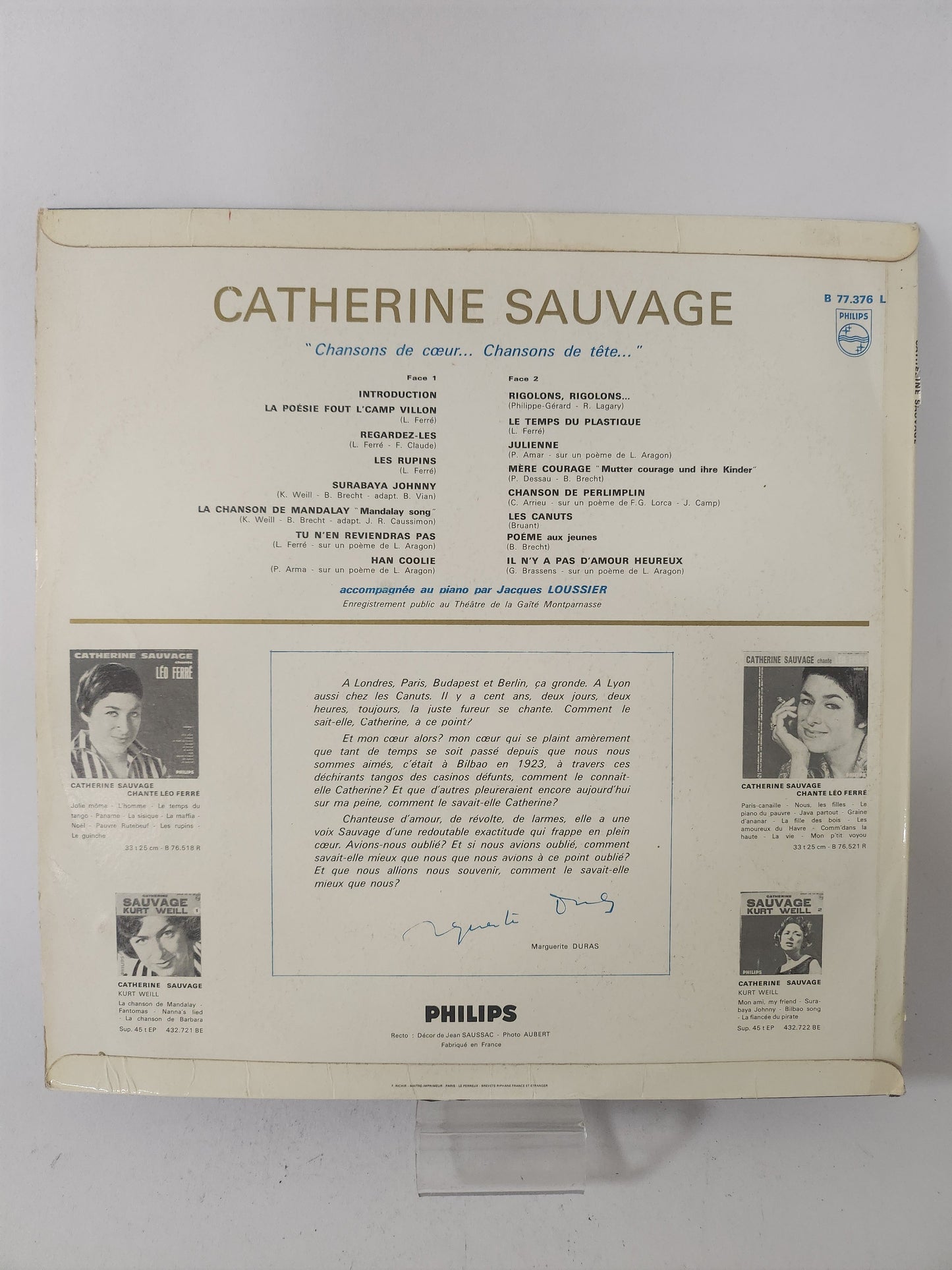 Chansons de Coeur/ Chansons de Tete: Catherine Sauvage LP Vinyl - Lp Vinyl