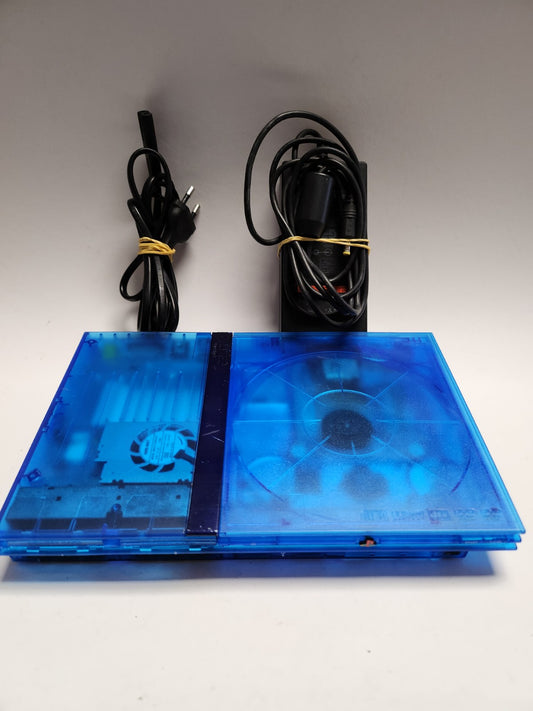 Playstation 2 Slim Transparant Blue + adapter/ stroomkabel