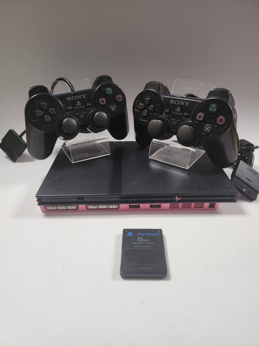 Roze zwarte Playstation 2 Slim, 2 controllers, memorycard en alle kabels