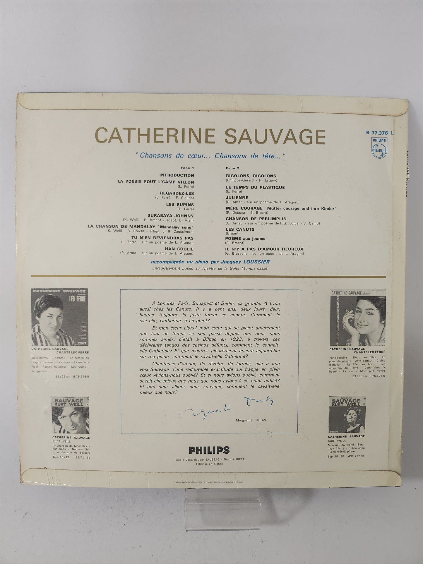 Chansons de Coeur/ Chansons de Tete: Catherine Sauvage LP Vinyl