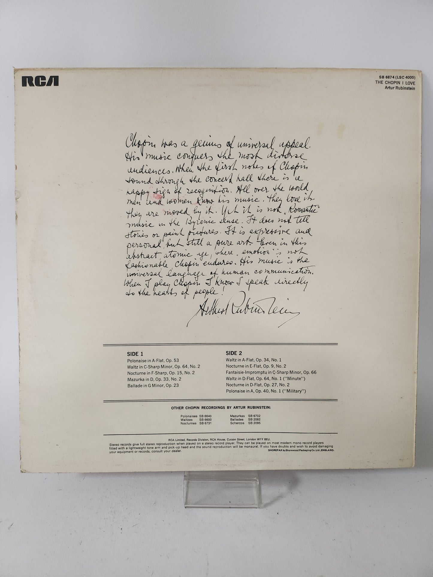 Artur Rubunstein: the Chopin I Love LP Vinyl