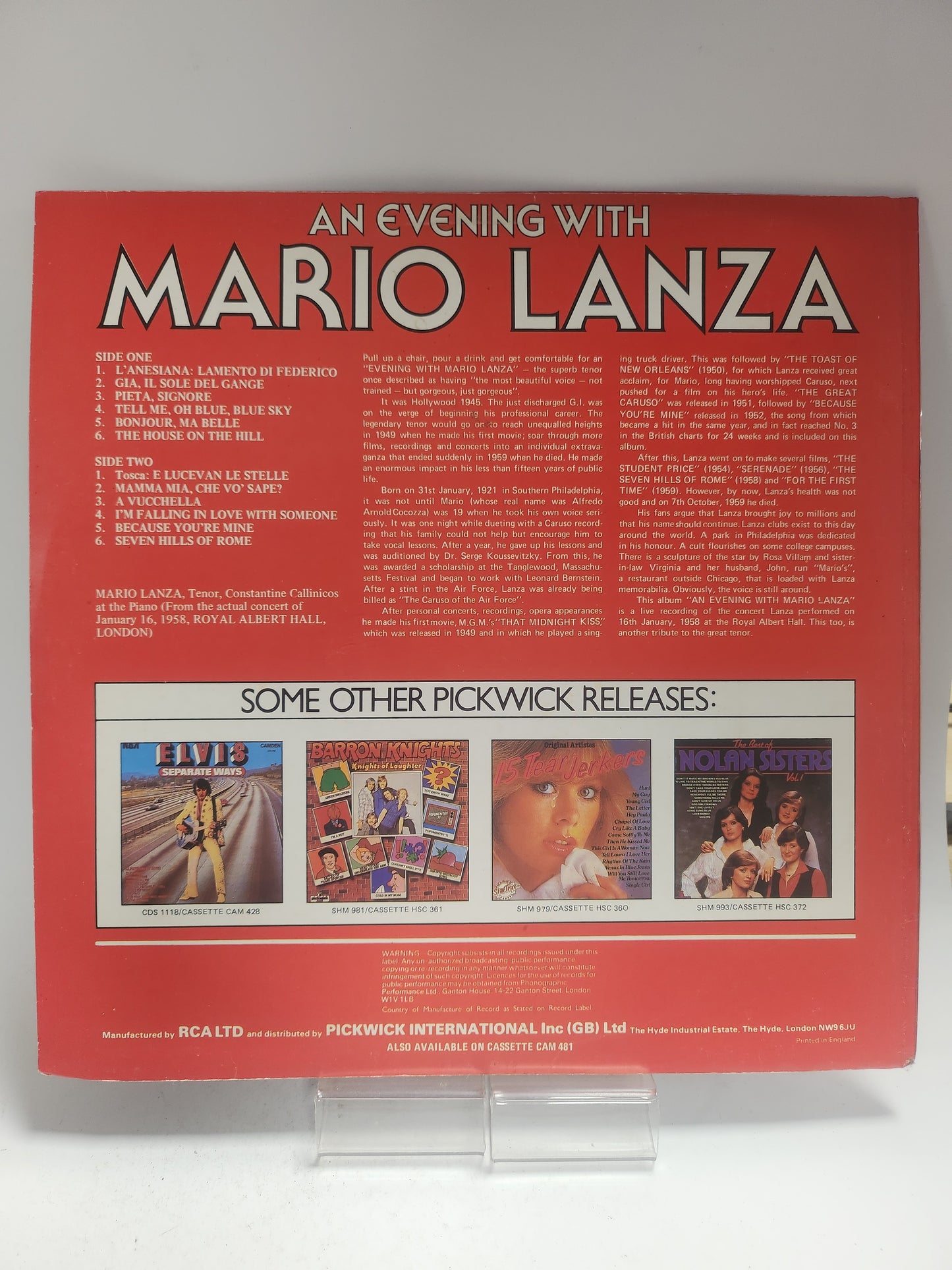 Mario Lanza: An Evening With LP Vinyl