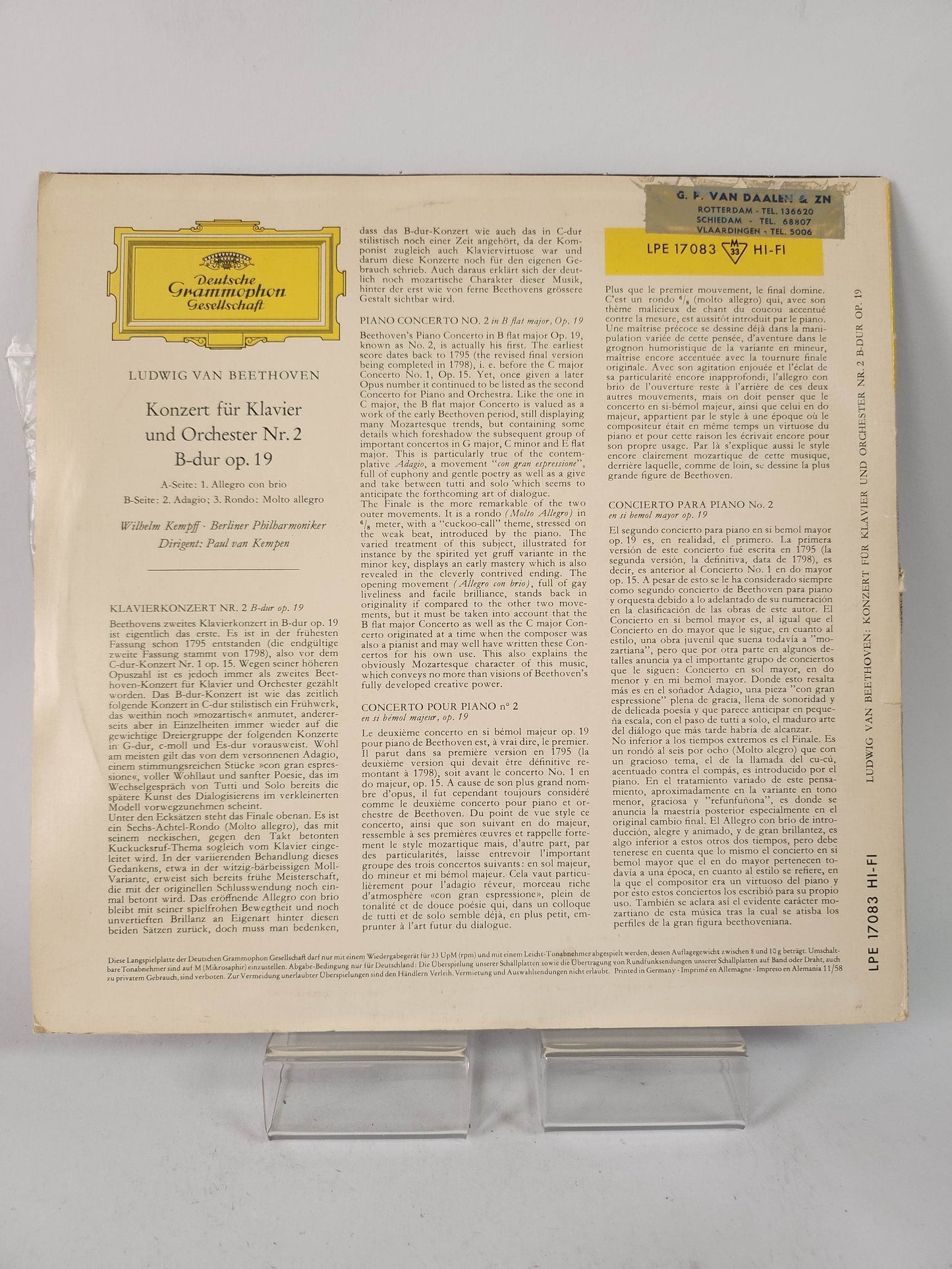 Deutsche Grammophon Gesellschaft: Konzert fur Klavier und Orchester Nr2 B-dur op.19 LP Vinyl - Feniks Gameshop